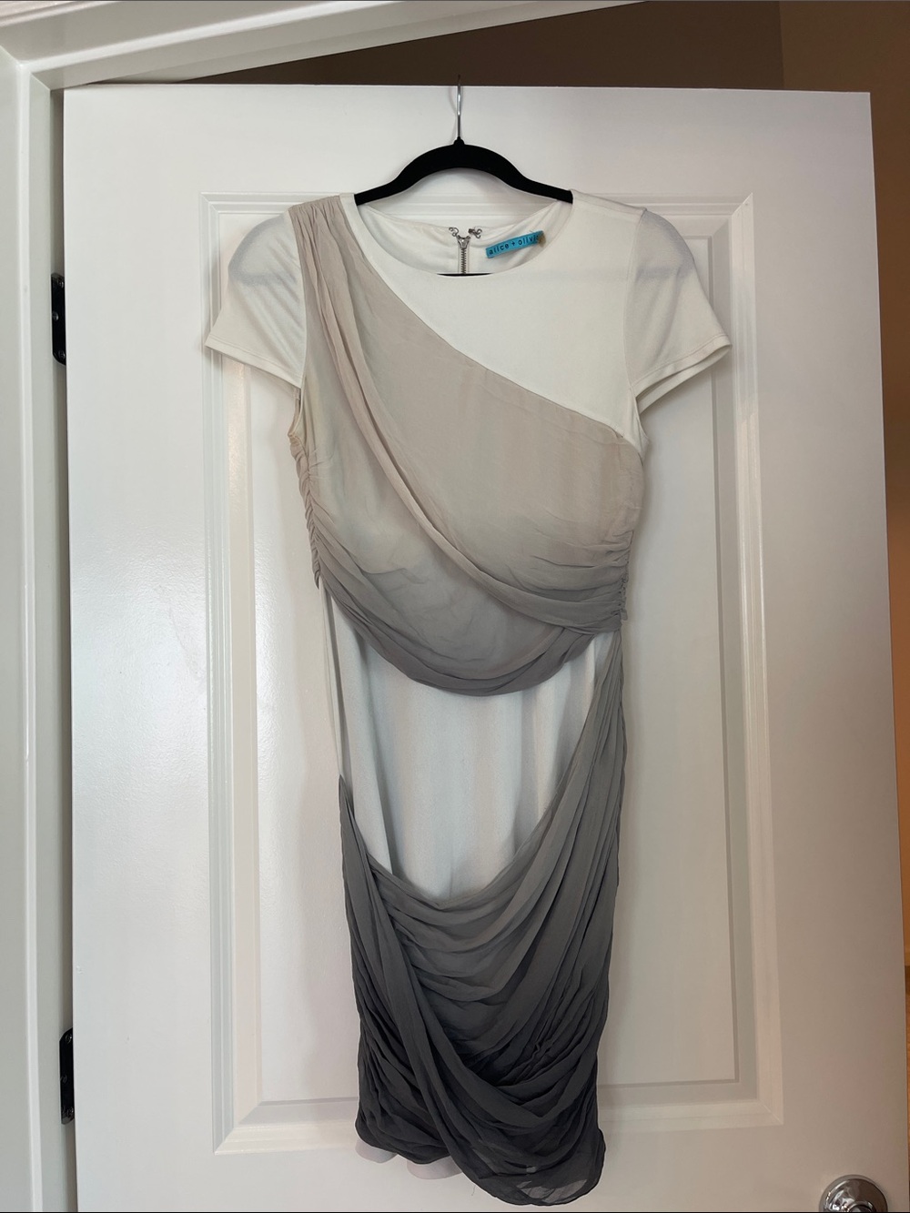 Alice + Olivia White to Gray Ombre Asymmetrical Draped Dress